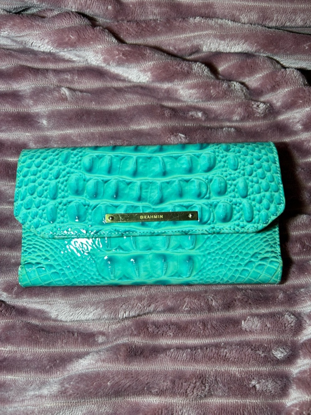 Brahmin Turquoise Croc-Embossed Patent Leather Clutch